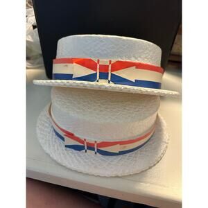 2 Styrofoam Hats Red White Blue Campaign July 4th Line Paper Ribbon Vintage
